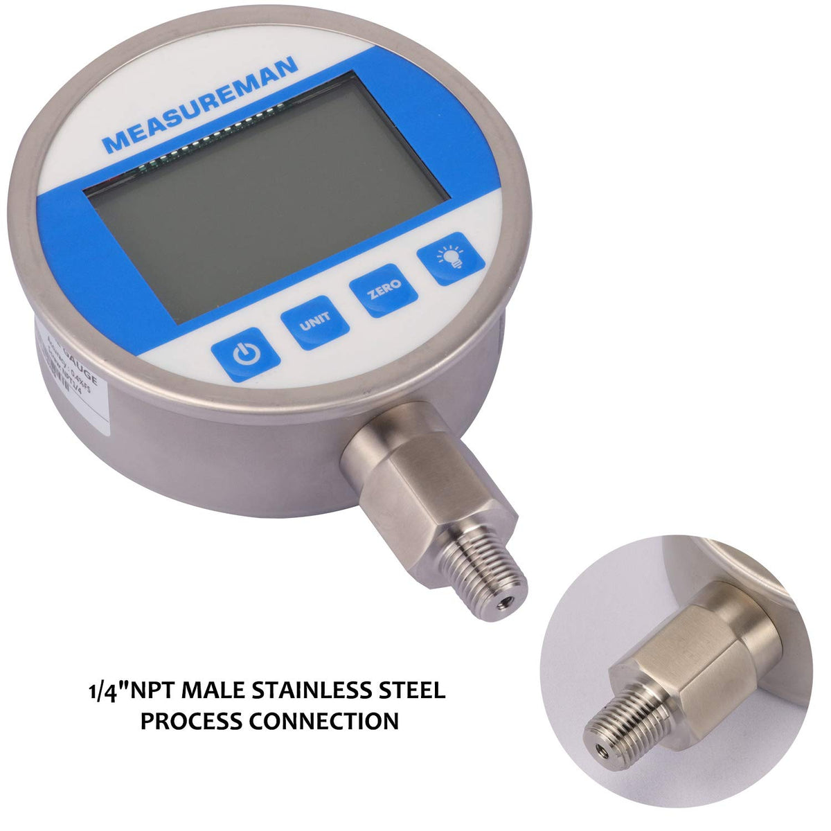 Digital Pressure Gauge 0-10000psi/bar, 1/4NPT, Stainless Steel Case S418