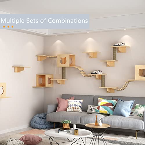Solid Wood Wall Mounted Cat Shelves and Perches with 4 Cat Condos, 8 Shelves, 2 Ladder, 3 Sisal Cat Scratching Post R75762