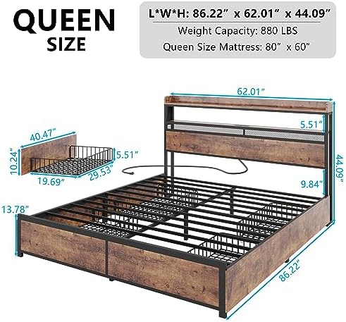 Queen Metal Platform Bed Frame with 4 Drawers and 2-Tier Headboard W515