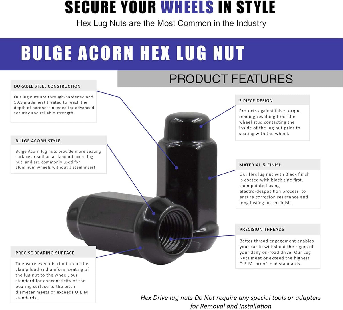 Set of 32 Black 1.90" Long Bulge Acorn Lug Nuts M14x1.50 Cone Seat N57181