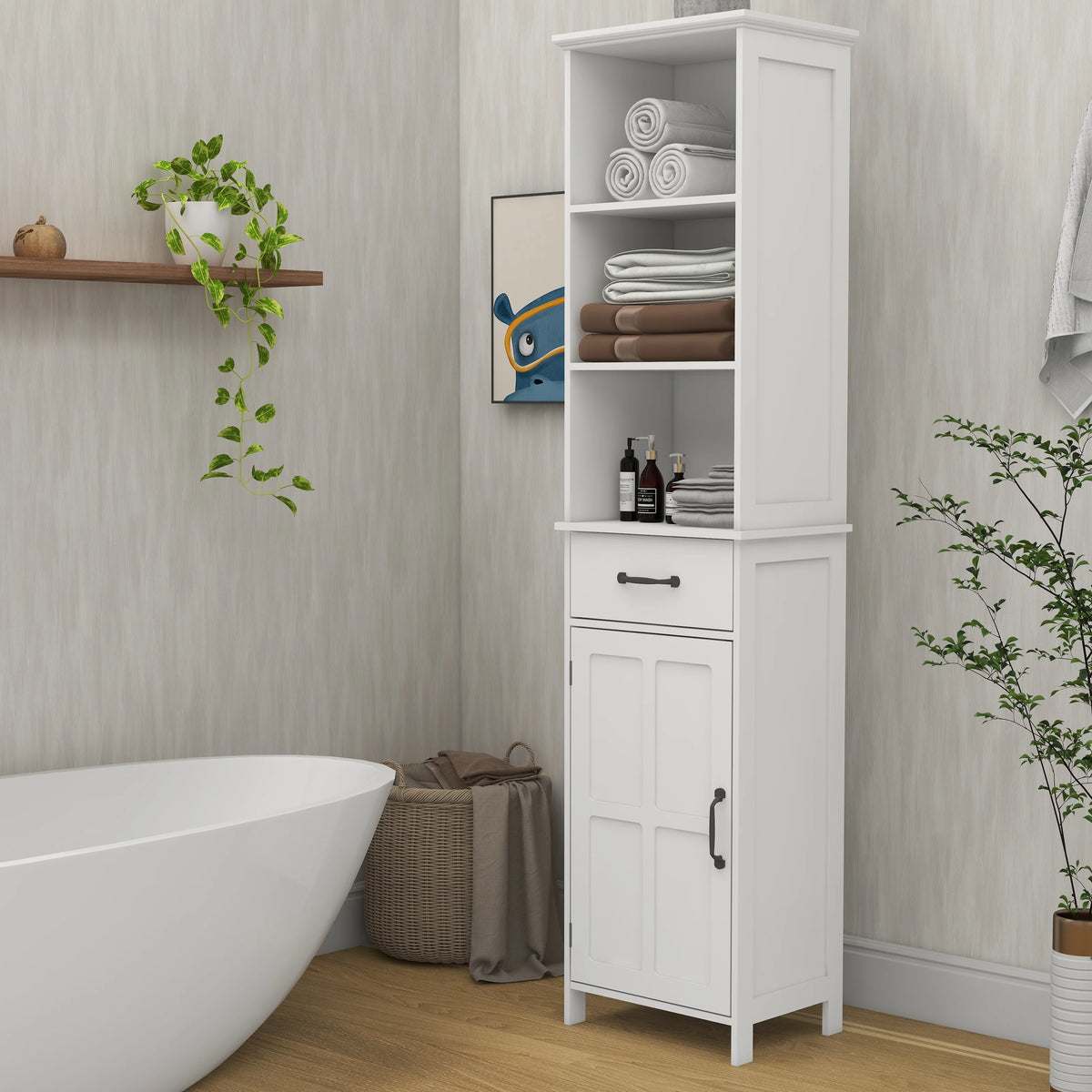 Tall Narrow White Storage Cabinet with One Door D25721