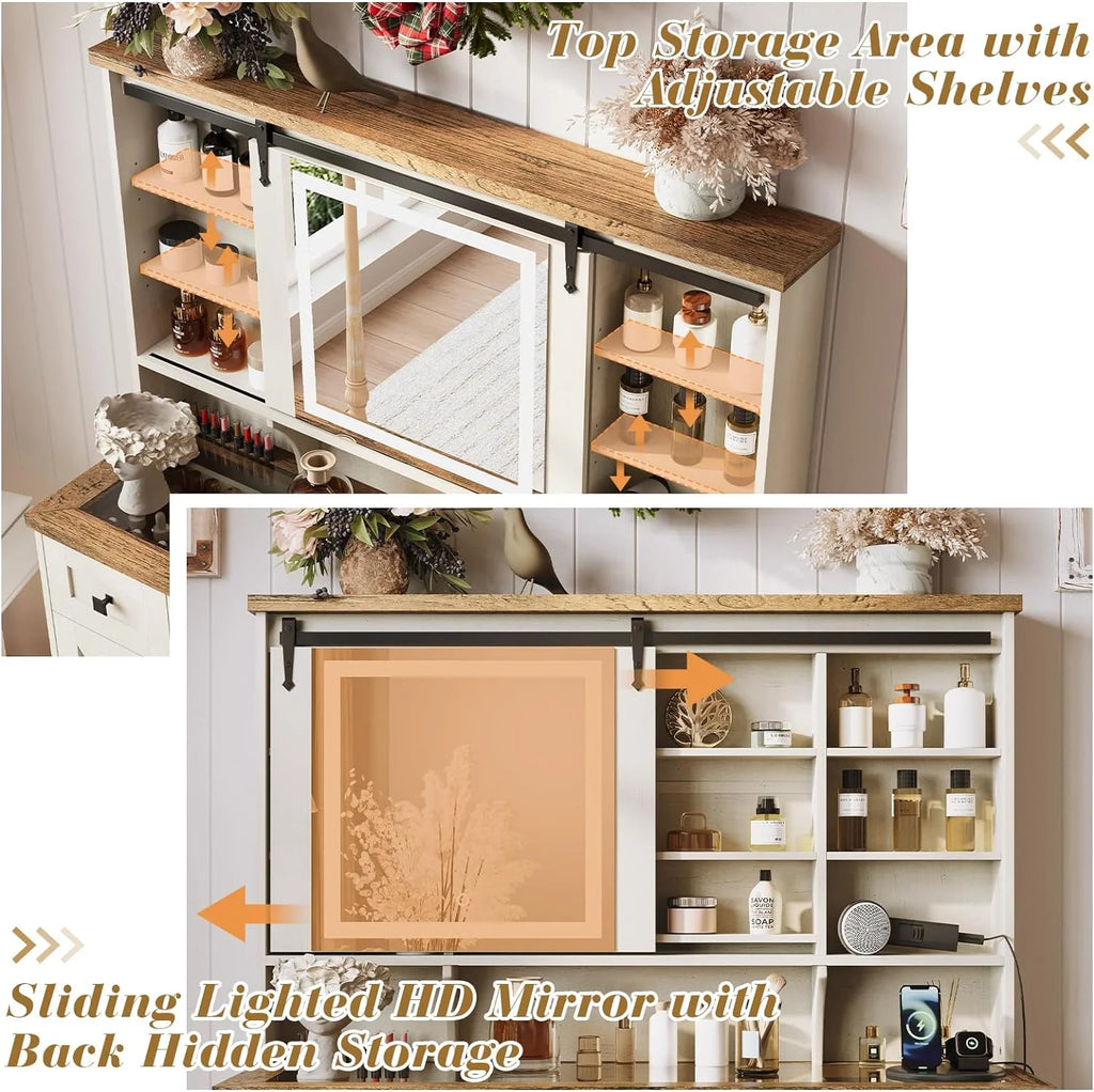 White Vanity Desk with Sliding Mirror and Lights N867