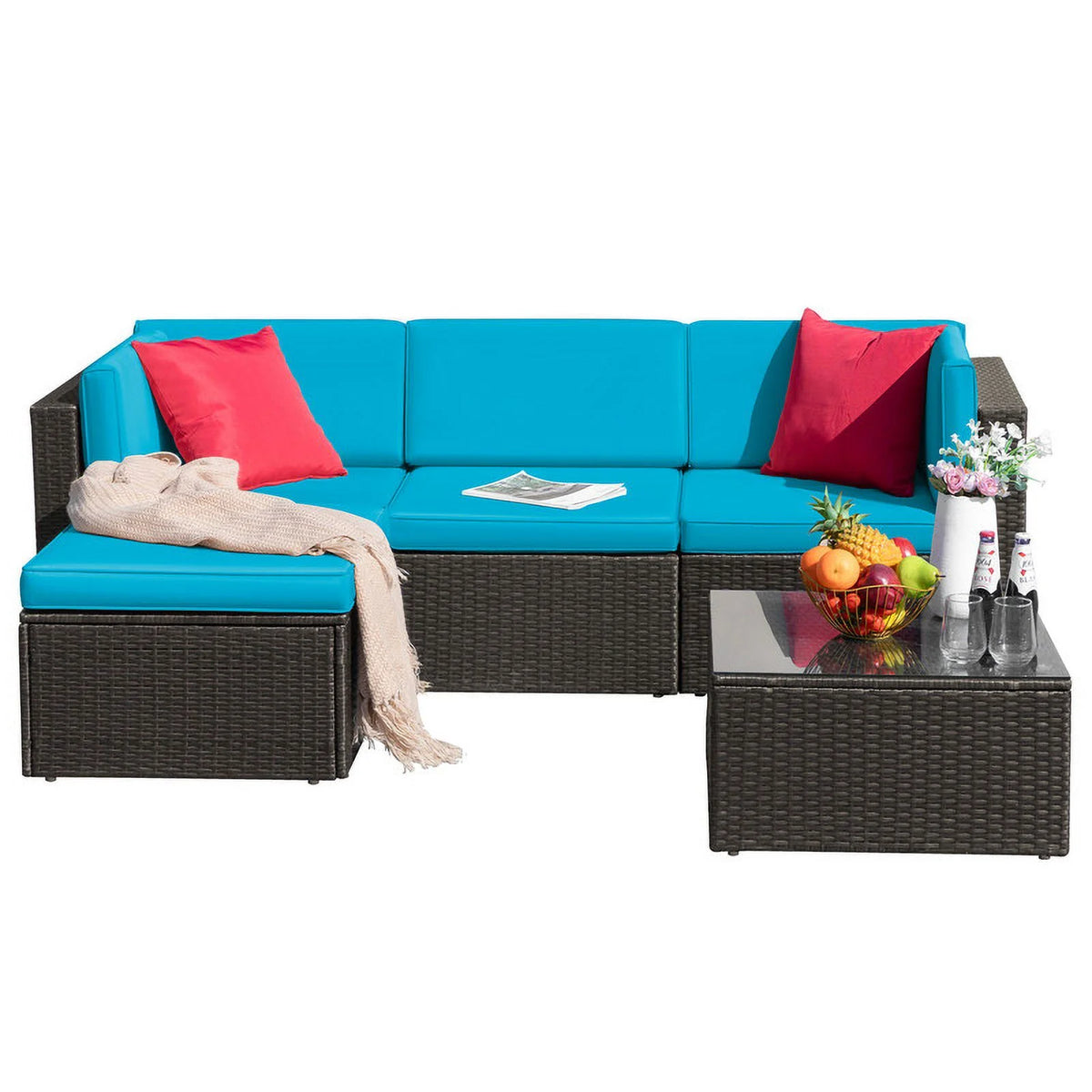 5 Pieces Outdoor Sectional Sofa with Tea Table and Ottoman Q27180