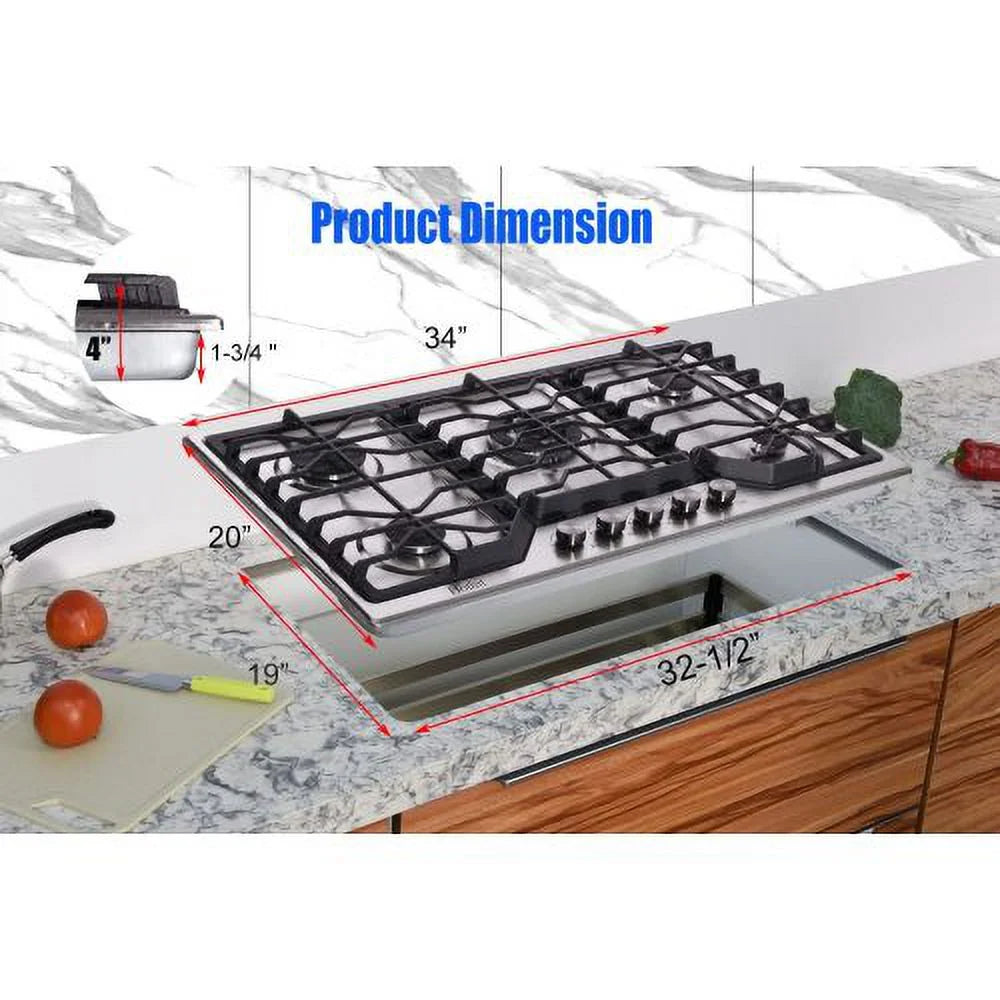 5 Burners 34 inch Gas Cooktop, 36000 BTU Stainless Steel Gas Range Top U16144