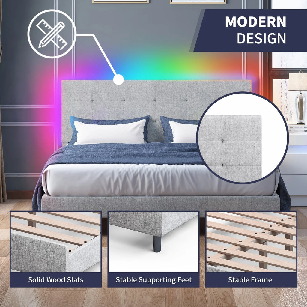 Light Grey Linen Fabric Upholstered Platform Bed with Adjustable Headboard P441697