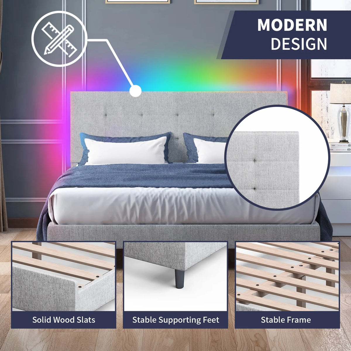 Light Grey Linen Fabric Upholstered Platform Bed with Adjustable Headboard P441697