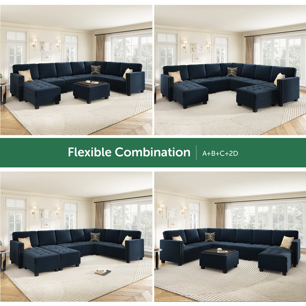 Dark Navy Blue U-Shape Tufted Sectional Sofa with Storage Reversible Ottoman R103101