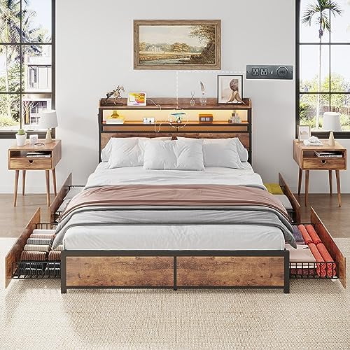 Queen Metal Platform Bed Frame with 4 Drawers and 2-Tier Headboard W515