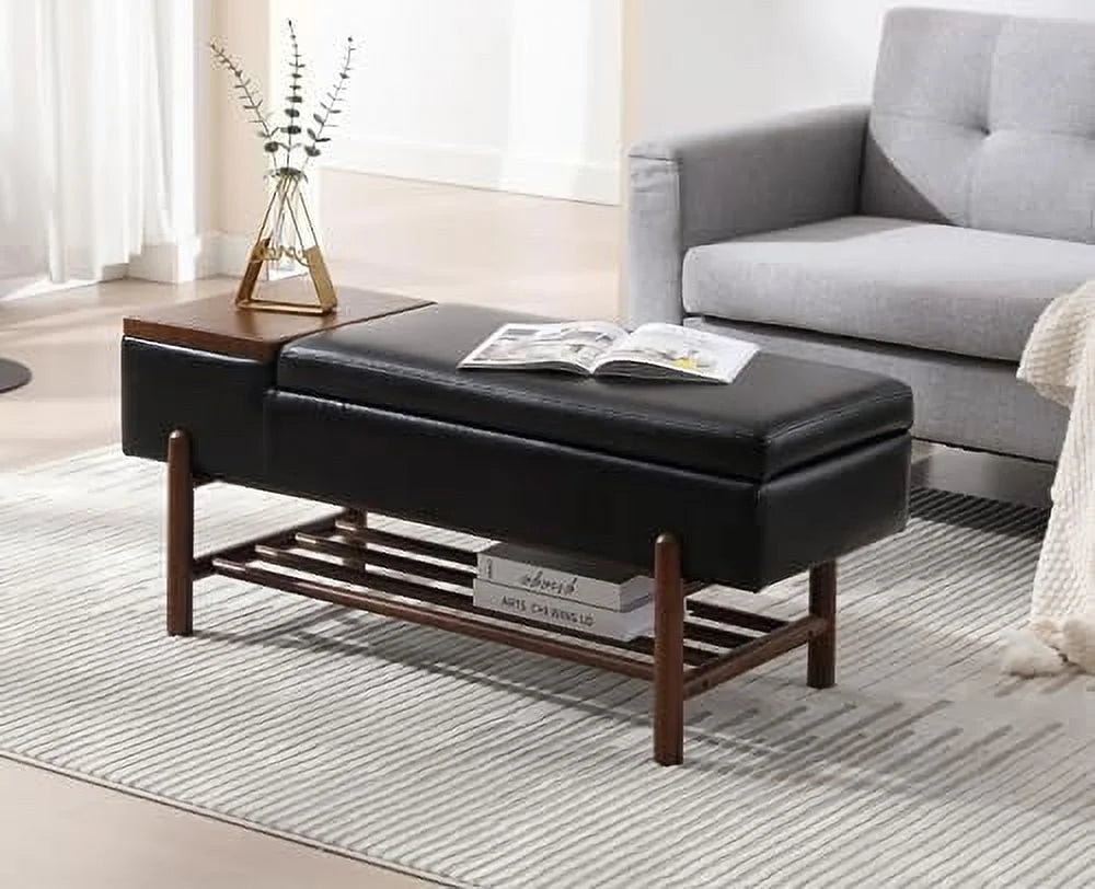 Green Leather Upholstered Ottoman Bench with Wood Shoe Rack B637905