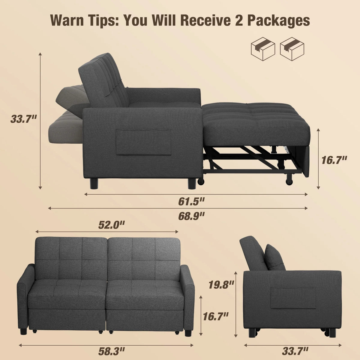 Gray Convertible Sofa Bed E18256