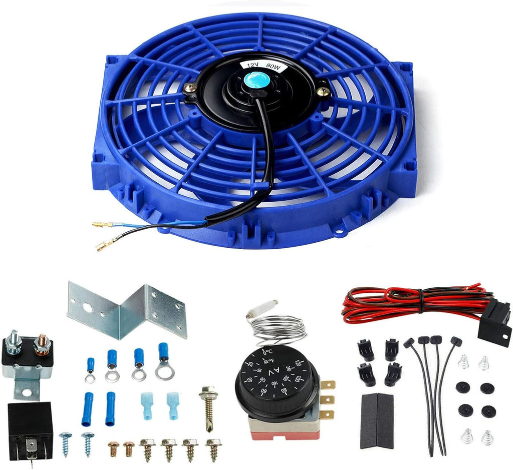 12'' Black Slim Push Pull Electric Radiator Cool Fan 80W +12V Probe Thermostat Control Relay Wire Pack of 2 F213277