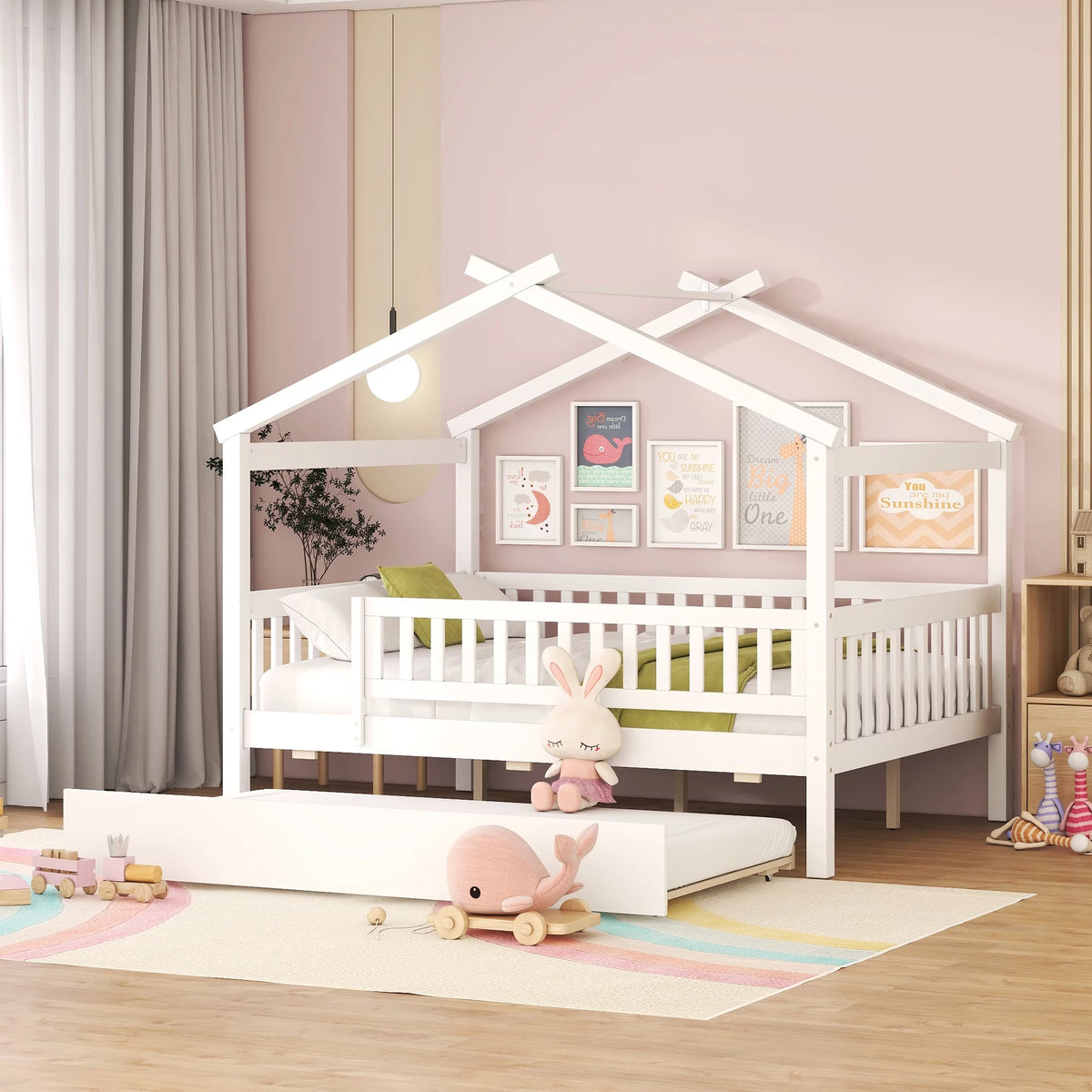 White Full Size Wooden House Bed with Trundle K2463