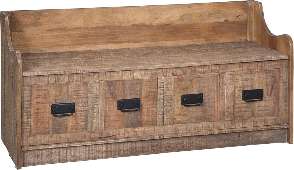 Beige Carved Wood Storage Bench with Hinge Top G516371