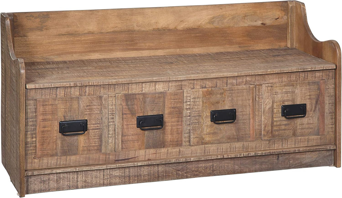 Beige Carved Wood Storage Bench with Hinge Top G516371