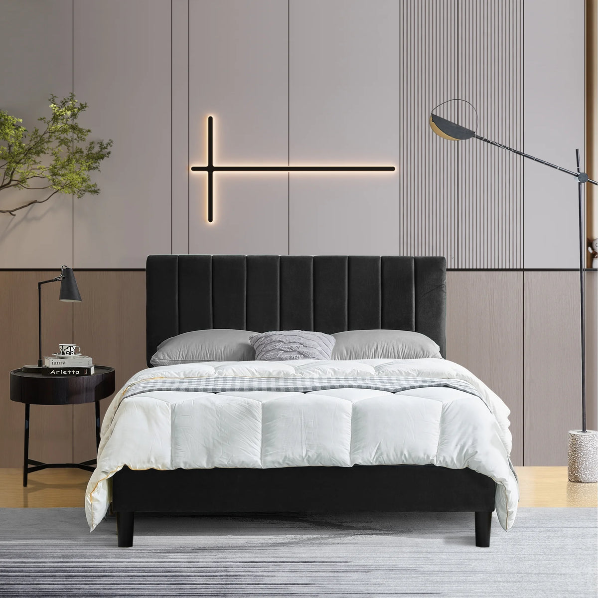 Queen Size Black Platform Bed with Upholstered Headboard C12677