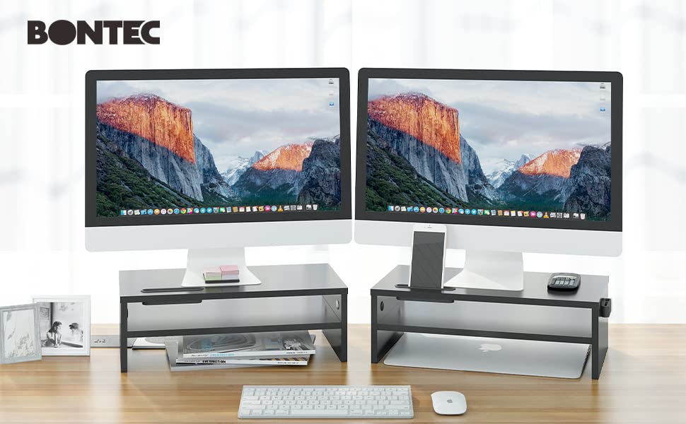 Wooden 2-Tier Monitor Stand Riser with Storage Organizer B238368