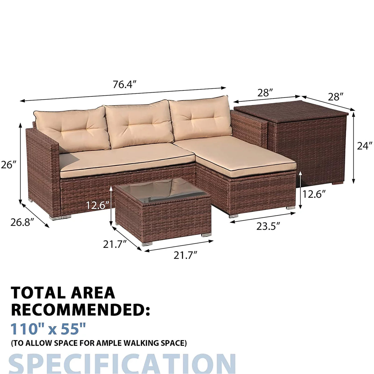 Brown Wicker Patio Sofa Set with Coffee Table V39744
