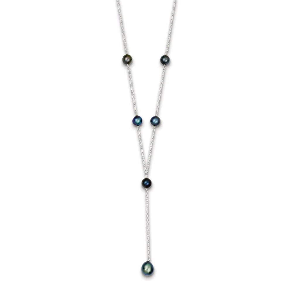 925 Sterling Silver Rhodium-plated Black Freshwater Cultured Pearl Y-Drop Necklace 16" Z12126