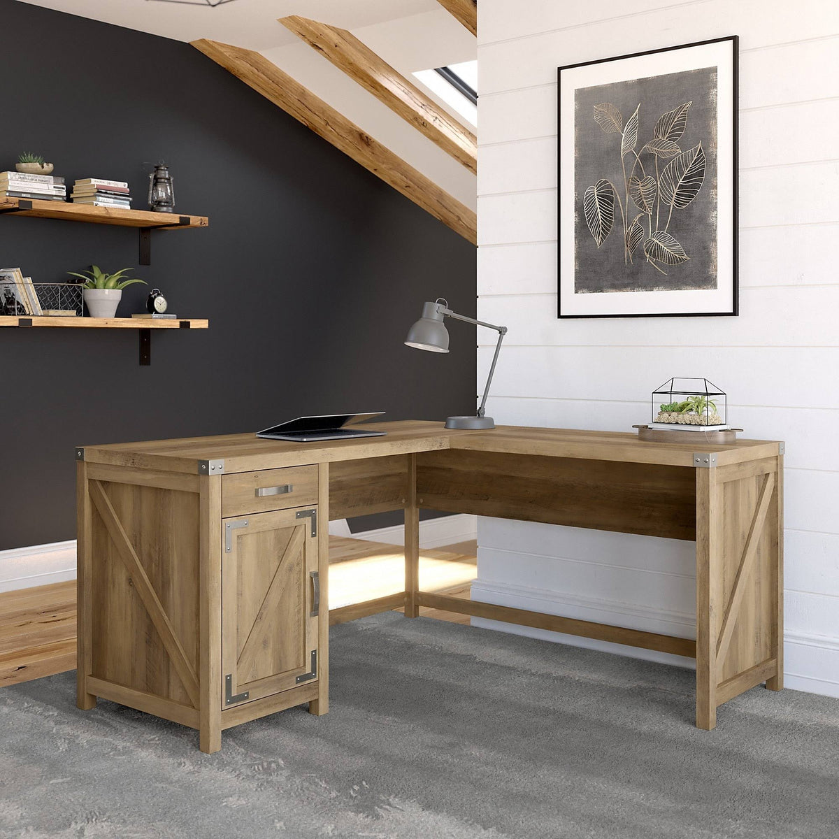 Reclaimed Pine L Shaped Desk with Drawer and Storage Cabinet S465