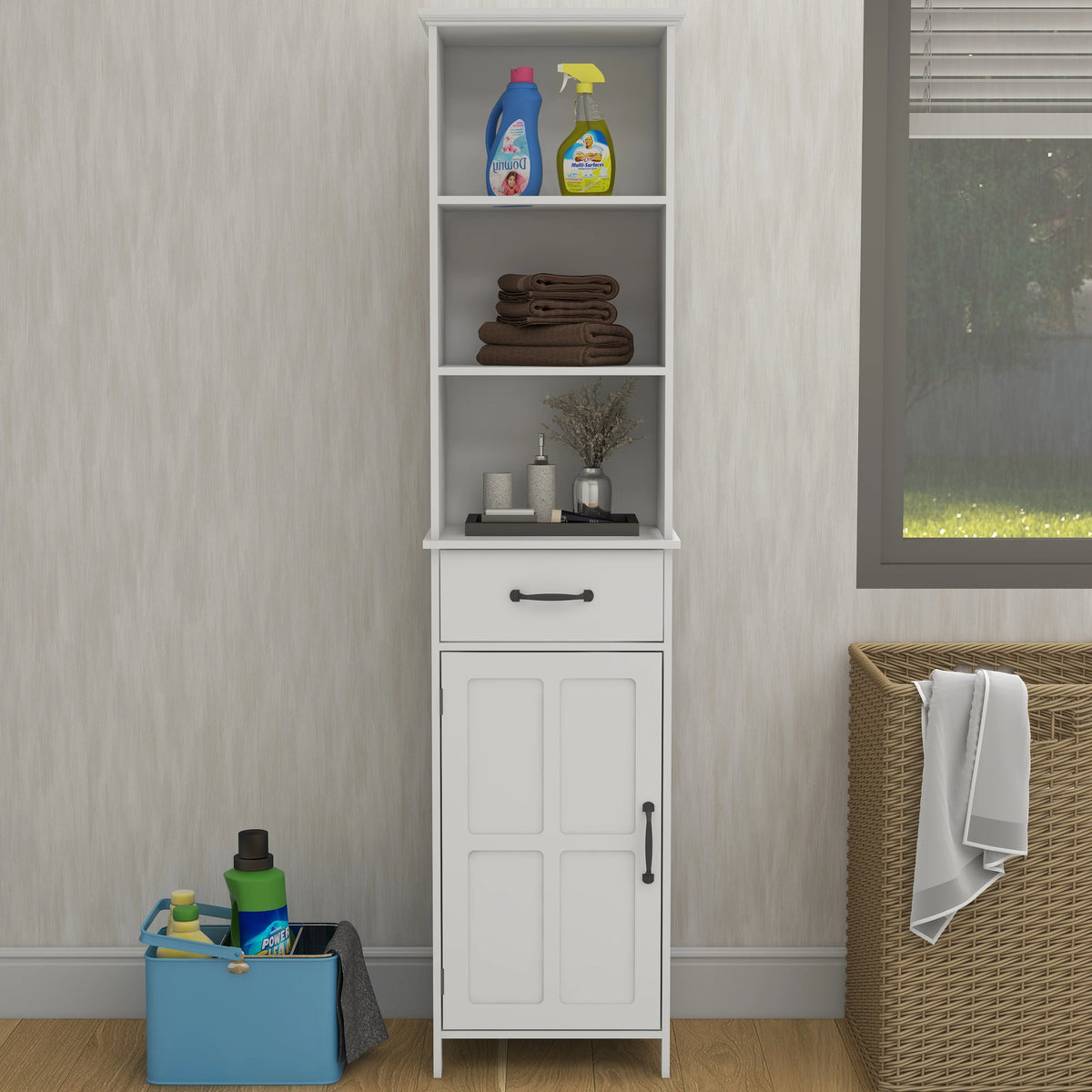 Tall Narrow White Storage Cabinet with One Door D25721