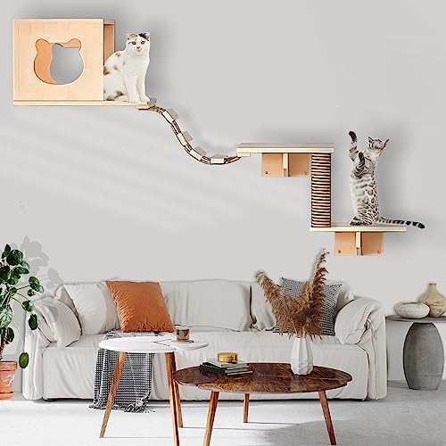 Solid Wood Wall Mounted Cat Shelves and Perches with 4 Cat Condos, 8 Shelves, 2 Ladder, 3 Sisal Cat Scratching Post R75762