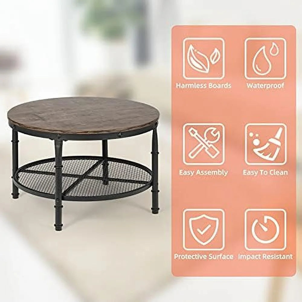 Small Round Coffee Table with Rustic Wood Top & Metal Legs & 2-Tier Grey B184975