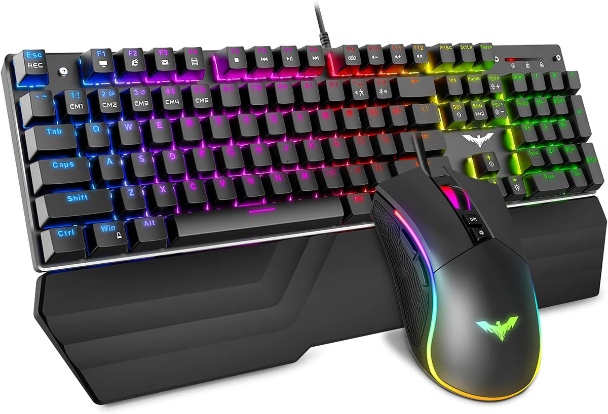 Mechanical Keyboard and Mouse Combo RGB Gaming 104 Keys Blue Switches Wired USB Detachable Wrist Rest Programmable Gaming Mouse Black Pack of 2 W257171