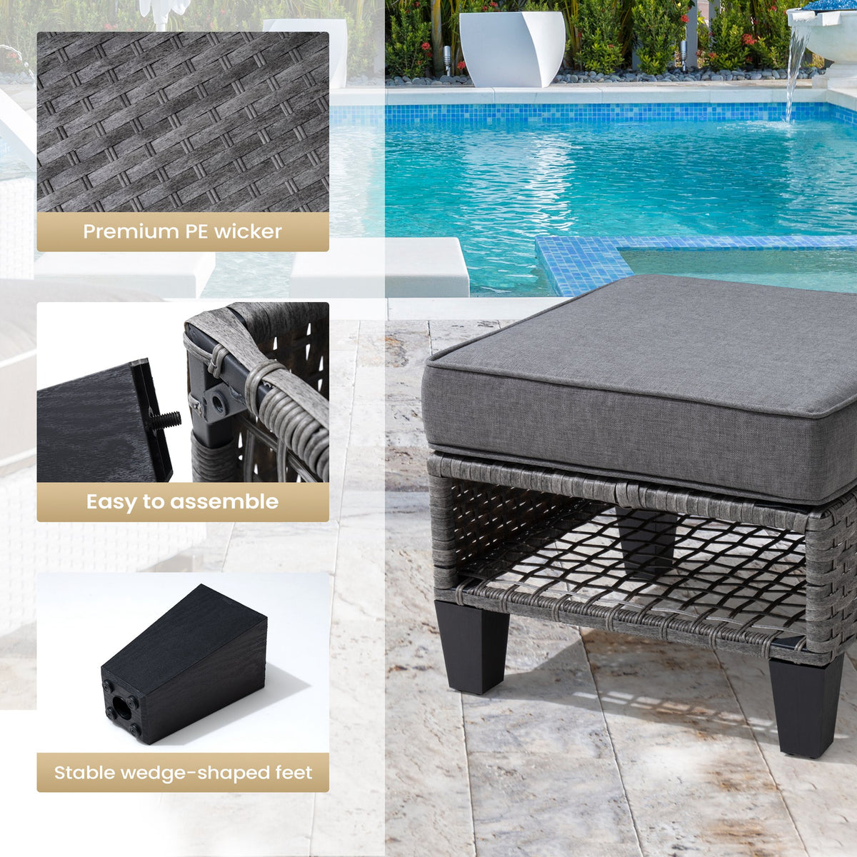 Gray 2 PCS Wicker Ottoman with Cushions E64134