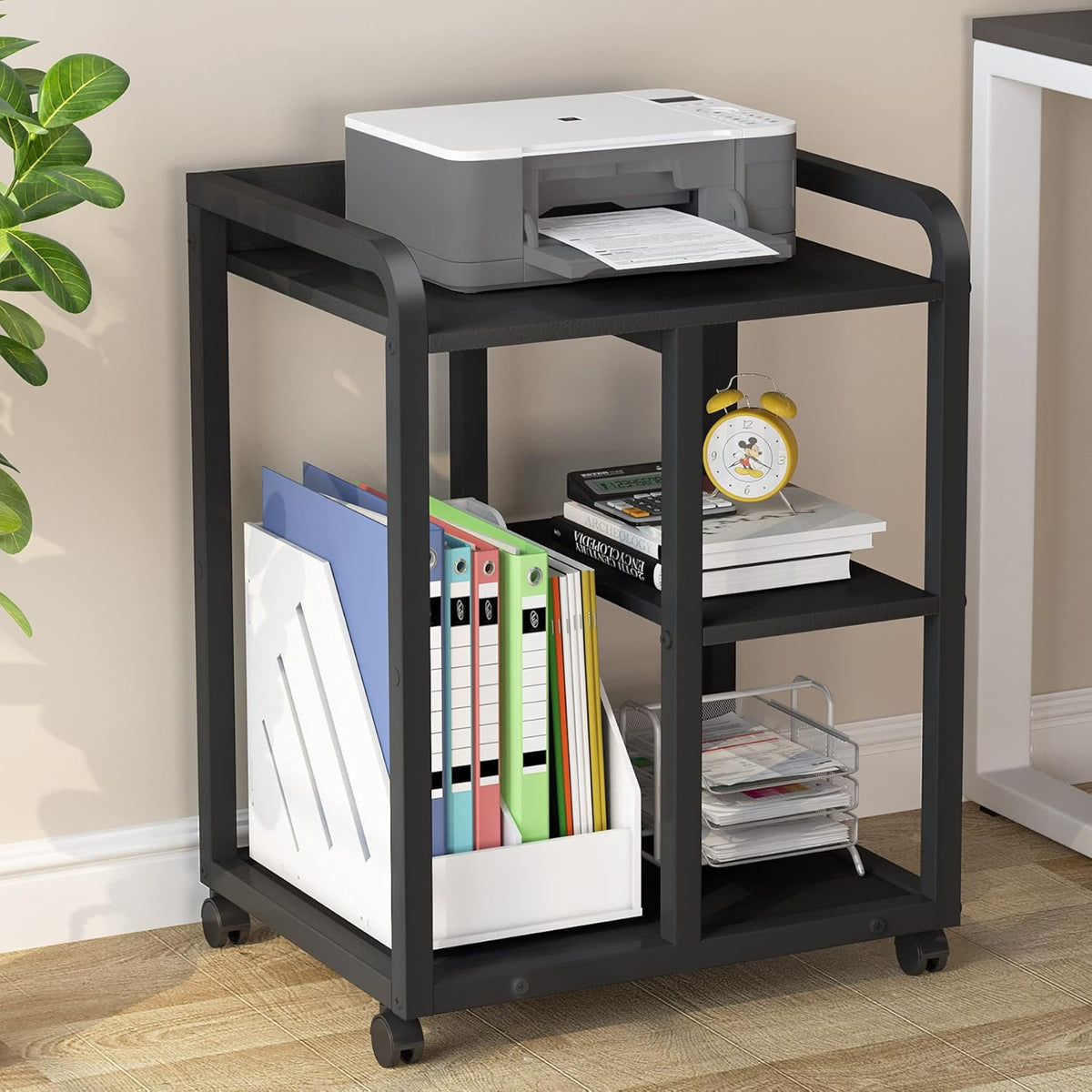 3-Tier Wood Rolling Printer Cart with Storage Shelves E861