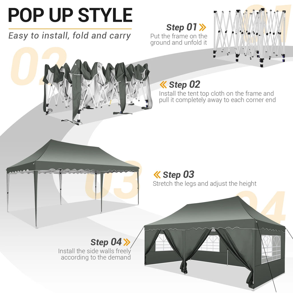 10' x 20' Pop Up Canopy Tent with 6 Removable Sidewalls, Carry Bag, 4 Sandbags, Gray P600