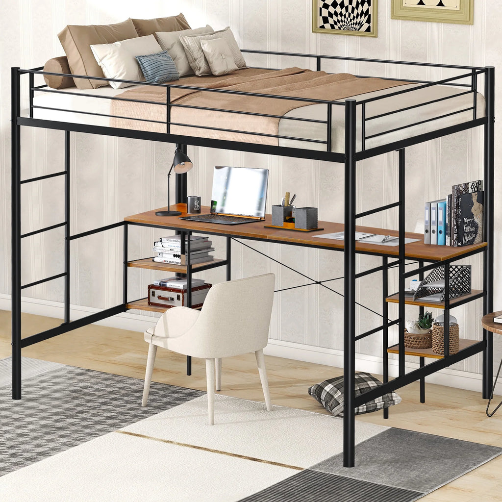 Black Twin Metal Loft Bed with Desk and 4 Shelves X6369