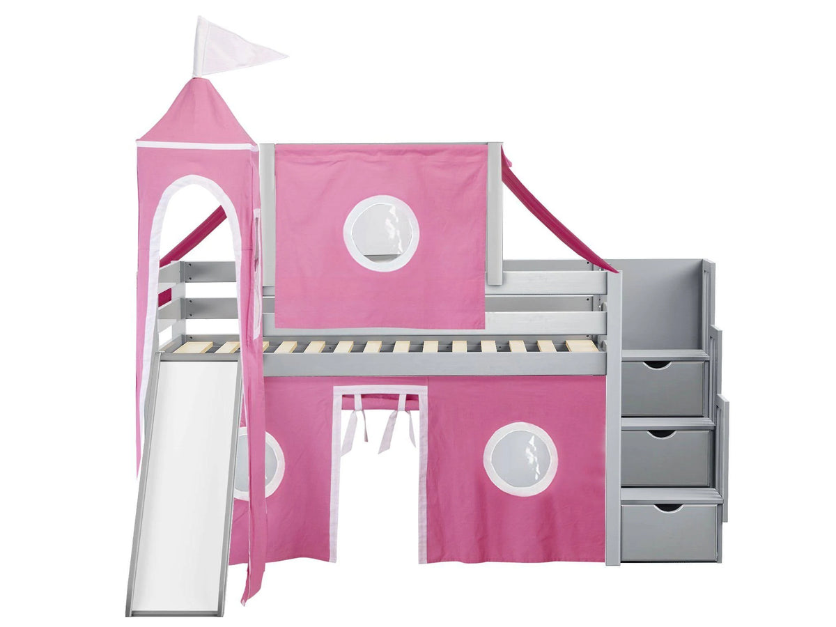 Pink & White Twin Loft Bed with Slide and Tent E8009