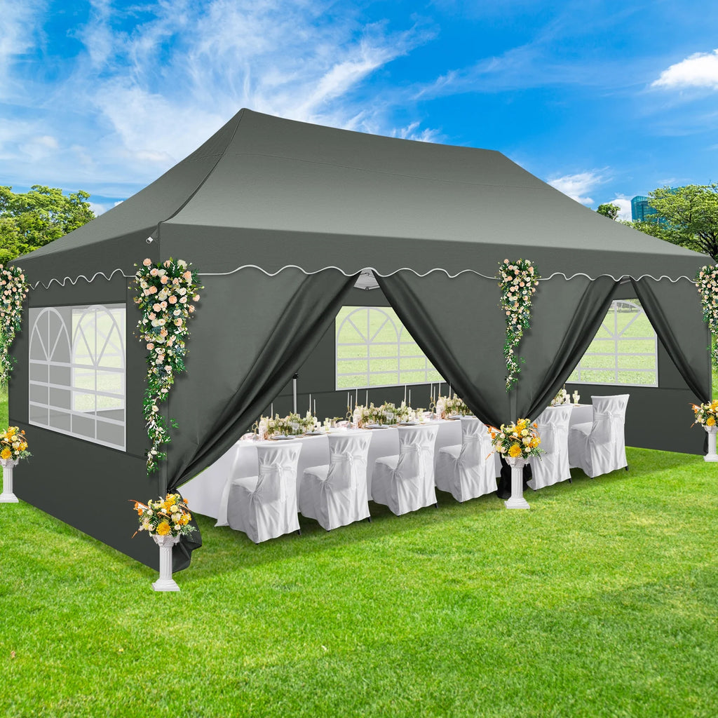 10' x 20' Pop Up Canopy Tent with 6 Removable Sidewalls, Carry Bag, 4 Sandbags, Gray P600