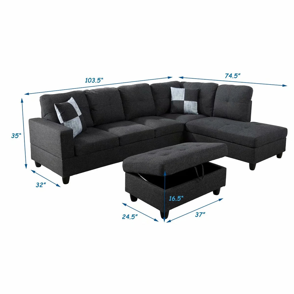 Black Grey 3PC Linen Sectional Sofa Set M673241