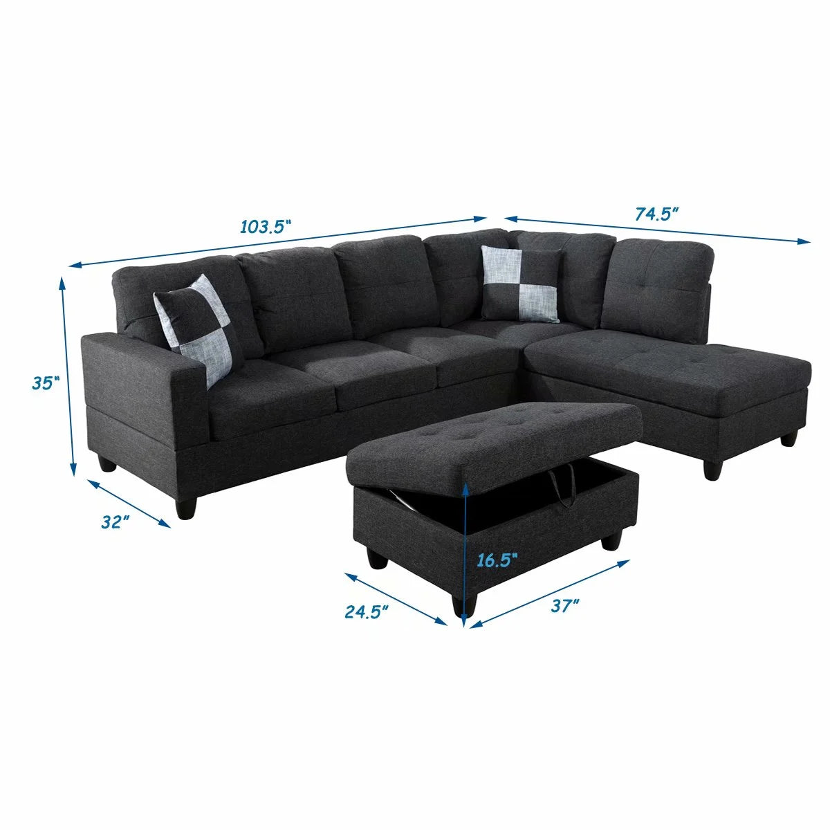 Black Grey 3PC Linen Sectional Sofa Set M673241
