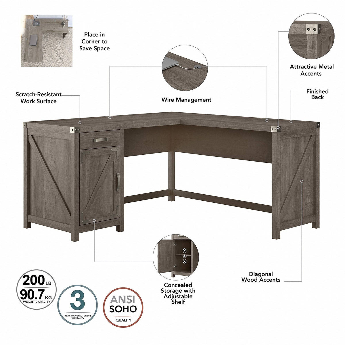 Reclaimed Pine L Shaped Desk with Drawer and Storage Cabinet S465
