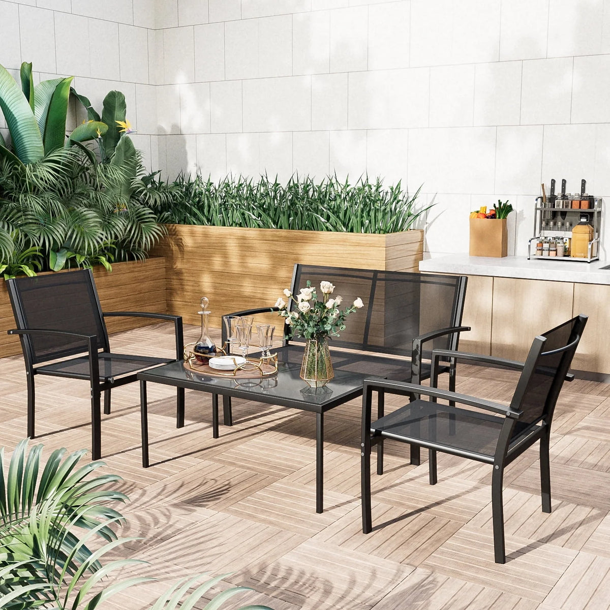 4 Pieces Textilene Steel Outdoor Furniture Set with Loveseat Tea Table T384914