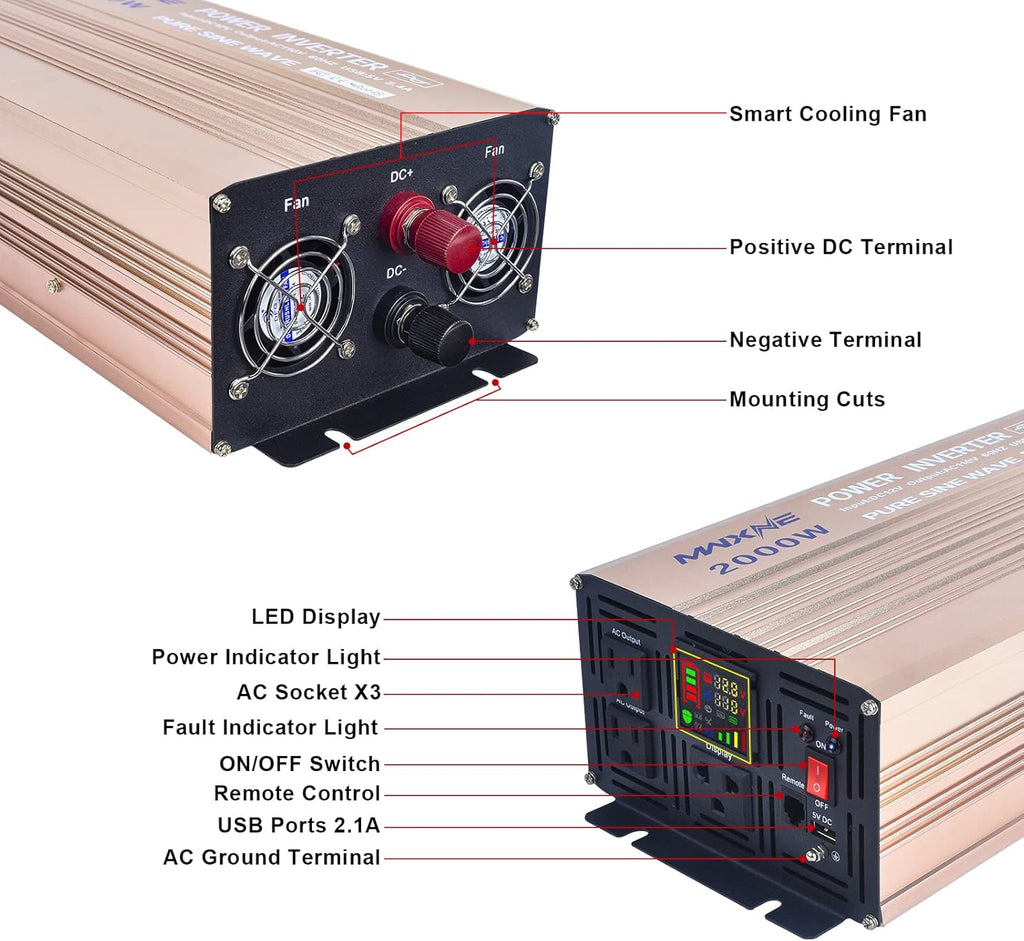 2000 Watts Pure Sine Wave Power Inverter with LCD Display V976
