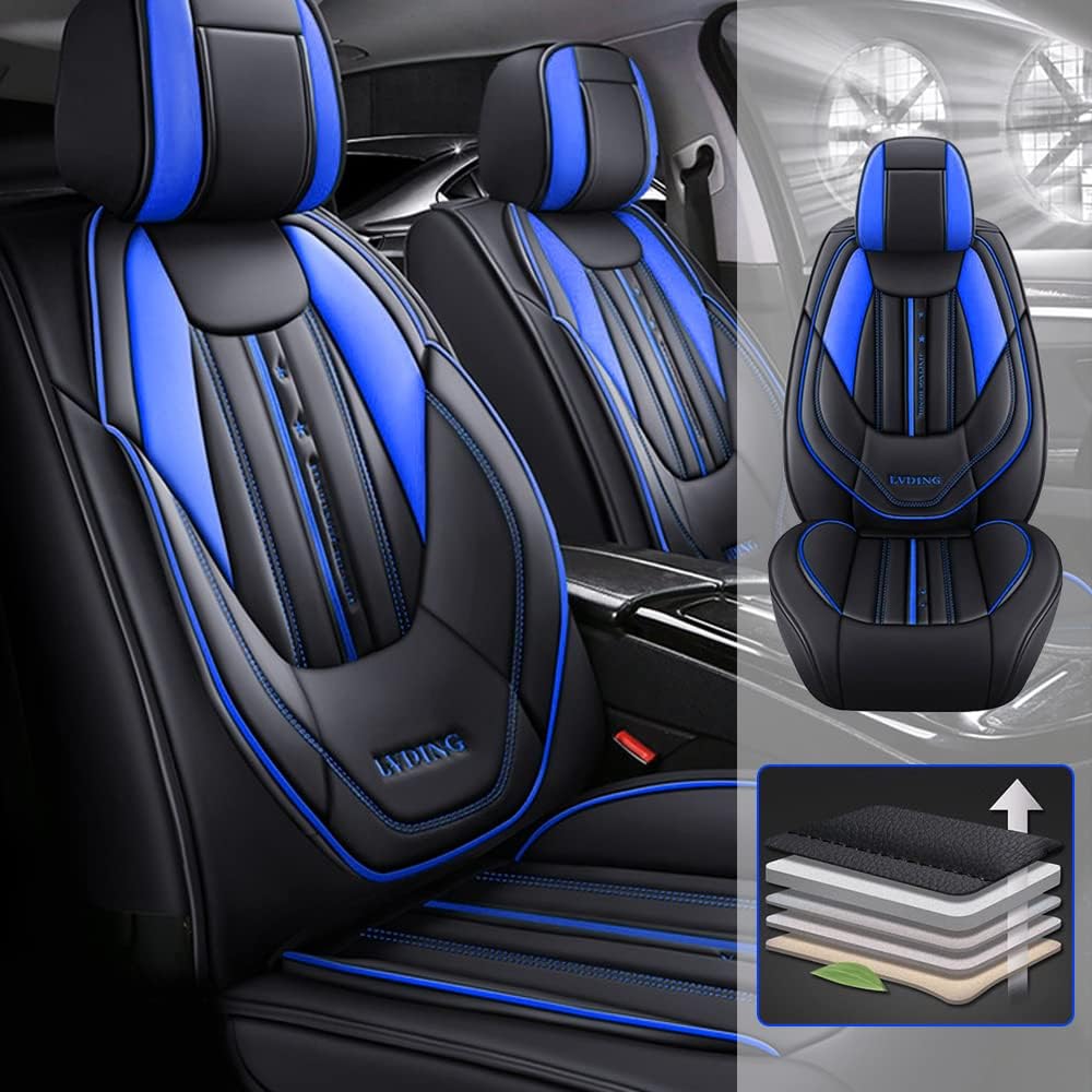 Black Blue Leather 5 Seats Full Set Waterproof Car Seat Covers I807