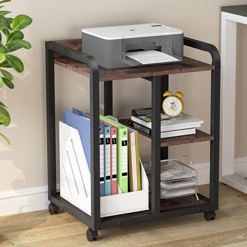 3-Tier Wood Rolling Printer Cart with Storage Shelves E861
