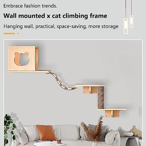 Solid Wood Wall Mounted Cat Shelves and Perches with 4 Cat Condos, 8 Shelves, 2 Ladder, 3 Sisal Cat Scratching Post R75762