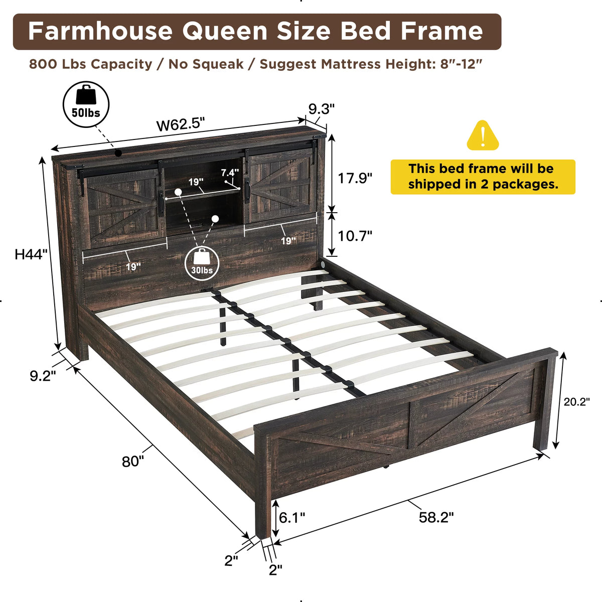 Light Rustic Oak Wood Platform Bed Frame with Bookcase Storage Headboard H824430