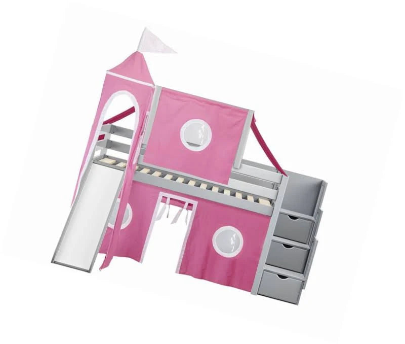 Pink & White Twin Loft Bed with Slide and Tent E8009