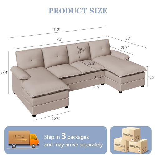 110" U-Shaped 4 Seat Sectional Sofa with Double Chaise, Beige P975
