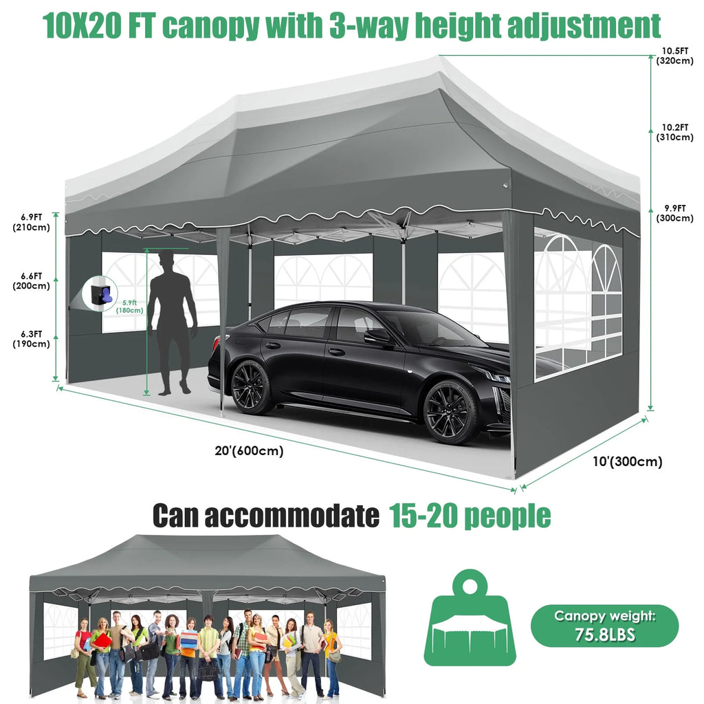 10' x 20' Pop Up Canopy Tent with 6 Removable Sidewalls, Carry Bag, 4 Sandbags, Gray P600