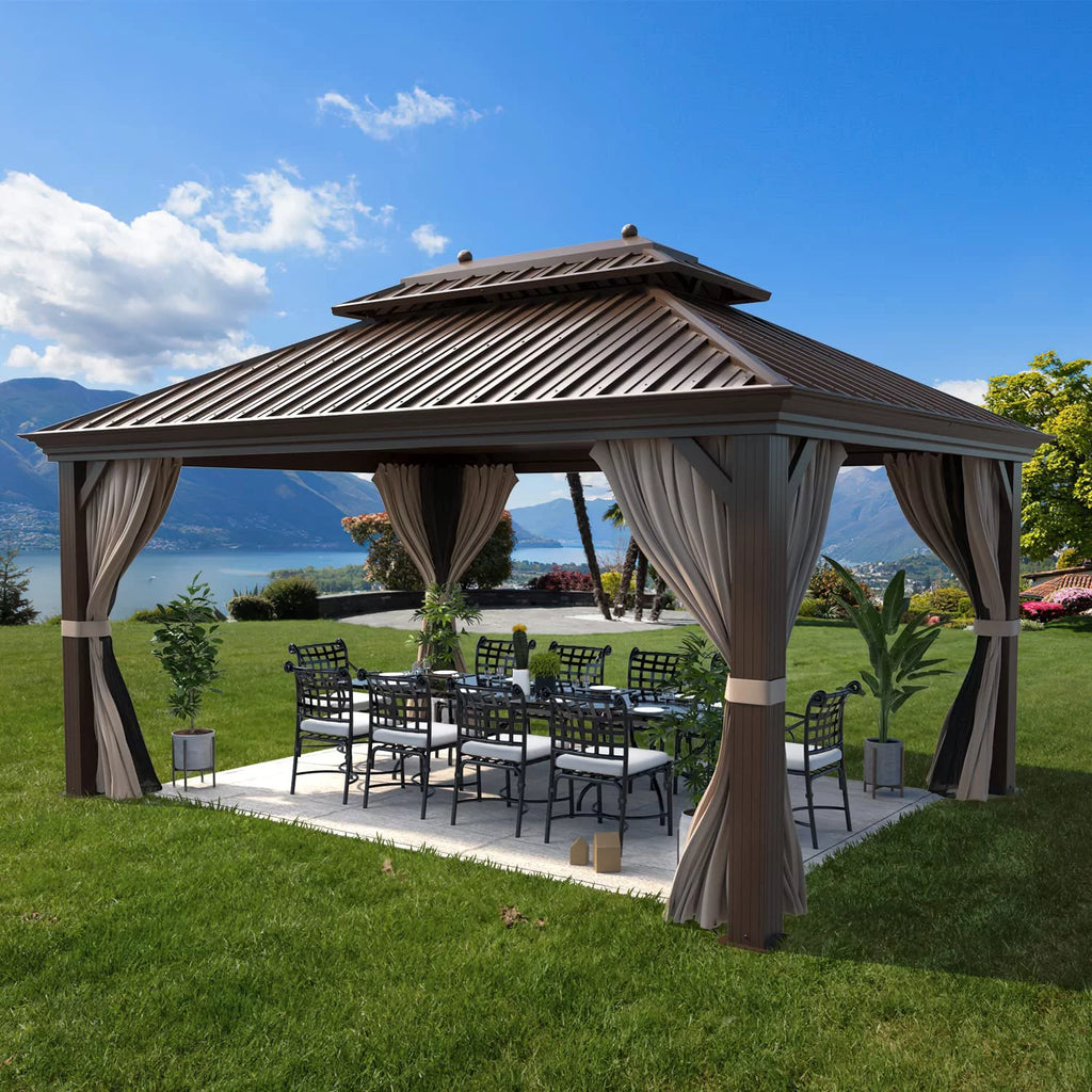 12 ft x 16 ft Brown Steel Hardtop Gazebo T69781