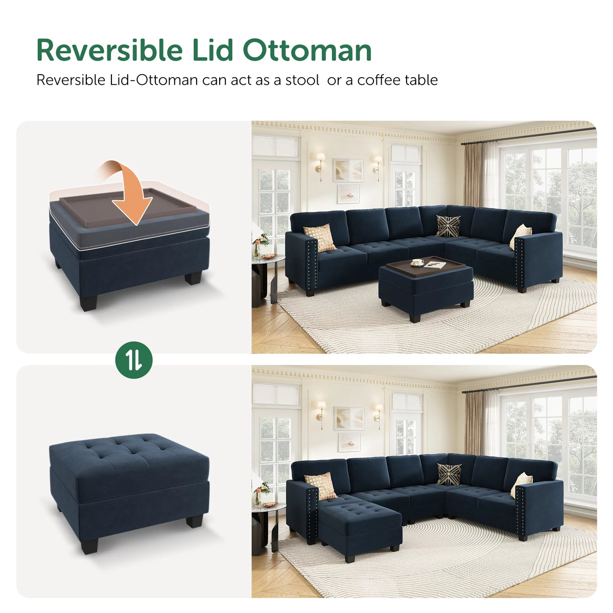 Dark Navy Blue U-Shape Tufted Sectional Sofa with Storage Reversible Ottoman R103101