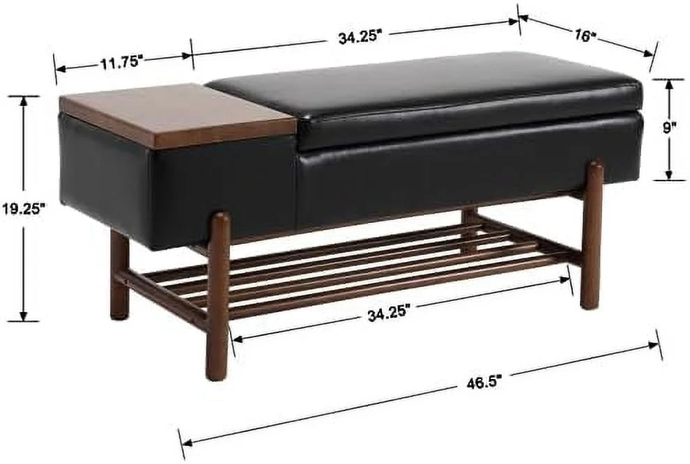 Green Leather Upholstered Ottoman Bench with Wood Shoe Rack B637905