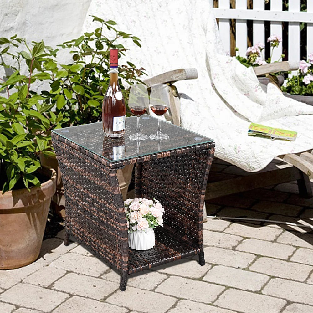 Square Tempered Glass Top Wicker Rattan Side Table with Storage J607137