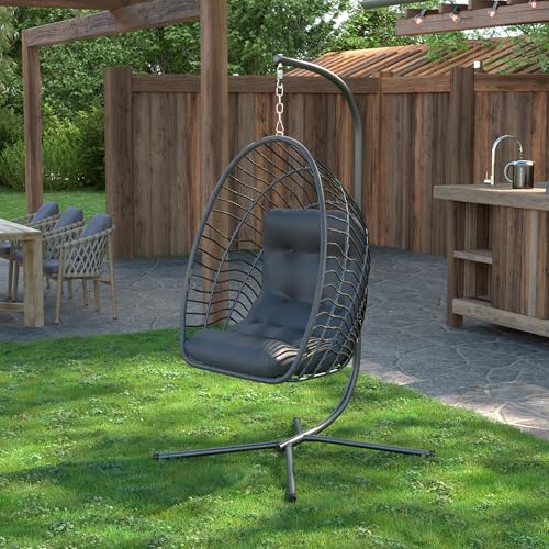 Hanging Egg Chair with Stand Foldable Rattan Wicker 350LBS Capacity E100